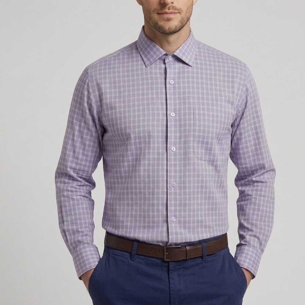 Bugatchi Mens Size XL Purple Blue Plaid Check Long Sleeve Button Front Shirt